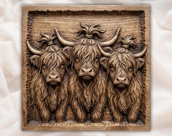 Highland Cow Family Trio 3D Relief STL | Rustic Farmhouse Wall Art | CNC Router Laser
