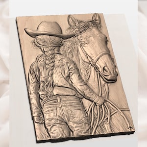 Cowgirl & Horse 3D Relief STL view 3