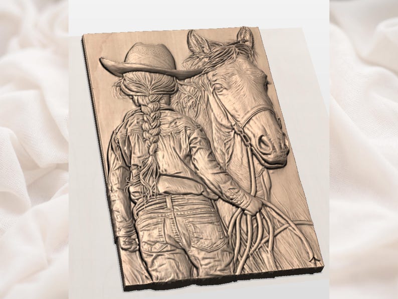 May include: A wooden relief carving depicts a cowgirl with a long braid, wearing a cowboy hat and denim jacket, standing next to a horse. The horse is wearing a bridle. The carving is in shades of brown and tan.