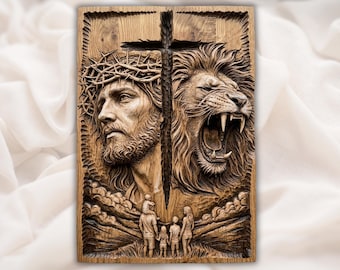 Jesus Lion of Judah STL | Christian Wall Plaque CNC Model | Crown of Thorns Cross Relief Wood Carving | Family Faith Scene | Biblical Decor
