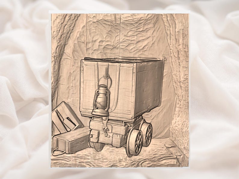 May include: A sepia-toned illustration of a vintage mine cart with a lantern attached. The cart has a large rectangular box and two small wheels. A smaller box and other objects are next to the cart. The background has a textured, carved appearance.
