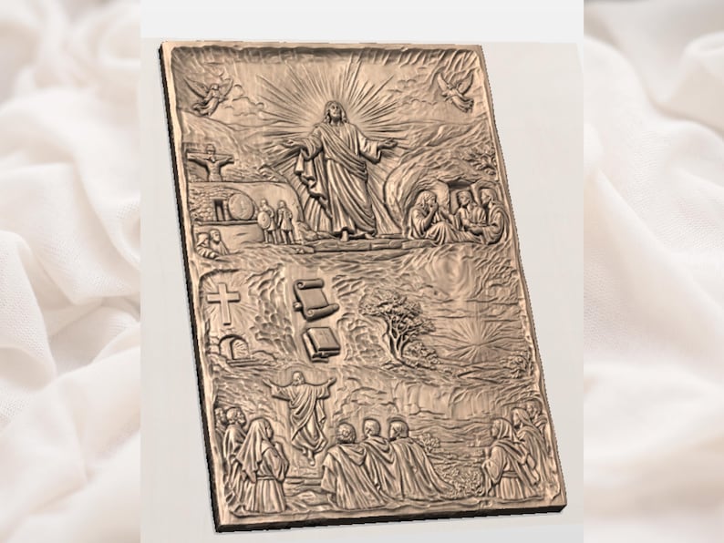 May include: A bronze-colored relief carving depicting a religious scene. The artwork features a central figure with outstretched arms, surrounded by other figures, angels, and symbolic elements like a cross and scrolls. The relief is rectangular and has a detailed, textured surface.