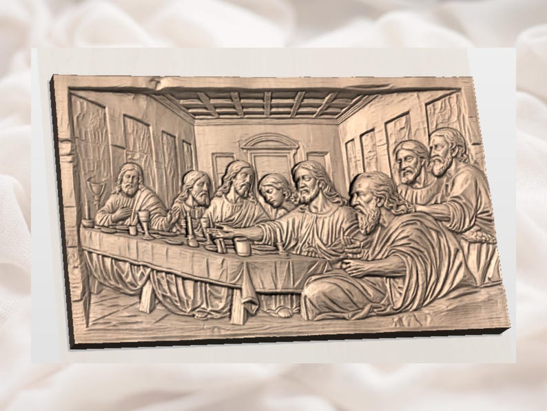 May include: A detailed wooden relief carving depicting the Last Supper. The artwork features figures seated around a table, with intricate details in their clothing and expressions. The piece is presented in a warm, natural wood tone.