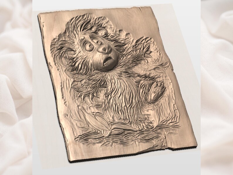 May include: A carved wooden relief depicting a surprised-looking ape or monkey. The artwork is detailed with textured fur and facial features, set against a rectangular, rustic background. The relief is in shades of brown.