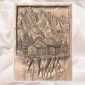 Rustic Log Cabin Mountain 3D Relief STL view 3