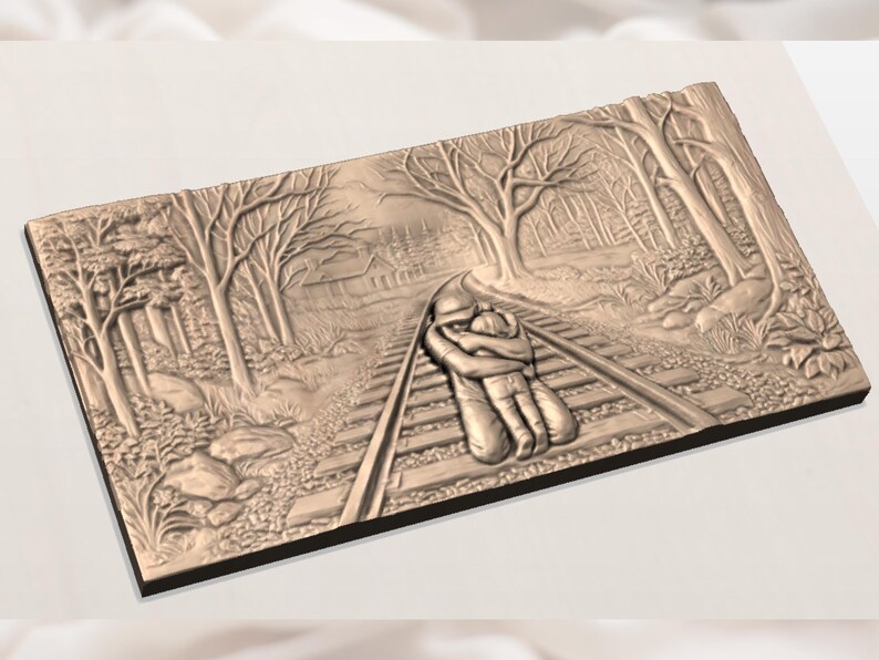 May include: A rectangular relief carving depicting a couple embracing on railroad tracks. The scene is set in a forest with trees and a distant building. The carving is in shades of brown and has a matte finish.