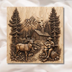 Cabin Deer & Cowboy Guitar 3D Relief STL view 1