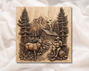Cabin Deer & Cowboy Gitarre 3D Relief STL | Bergwald rustikale Wandkunst Panel | CNC-Fräser 3D-Druck Lasergravurdatei