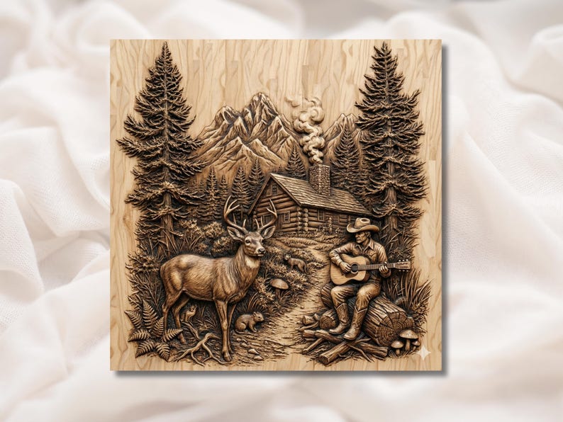 Cabin Deer & Cowboy Guitar 3D Relief STL