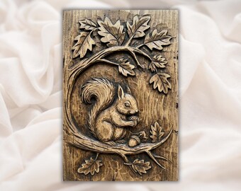 Squirrel with Acorn 3D Relief STL File | Woodland Animal Wood Grain CNC Carving | Rustic Nursery Wall Art Panel | 3D Print & Laser Engraving