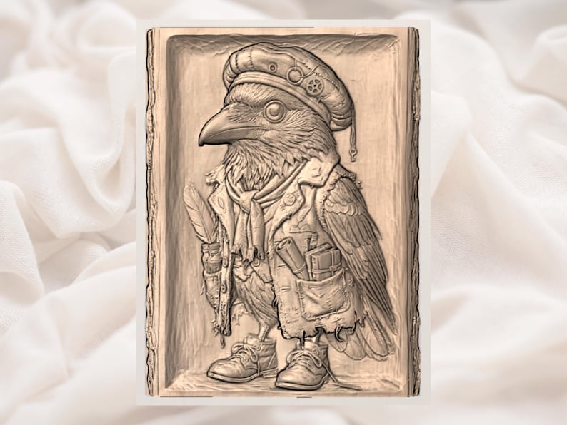 May include: A detailed relief carving of a crow wearing a hat, jacket, and boots, holding a quill and scroll. The crow is depicted in a steampunk style, with gears on its hat and a pocket watch. The carving is set within a wooden frame.