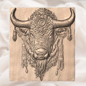 Tribal Buffalo Head 3D Relief STL view 2