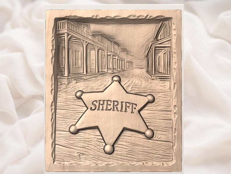 May include: A wooden plaque with a carved relief depicting a Western town. A sheriff's badge, inscribed with "SHERIFF", is central. The artwork is framed with a decorative border, showcasing a rustic aesthetic.