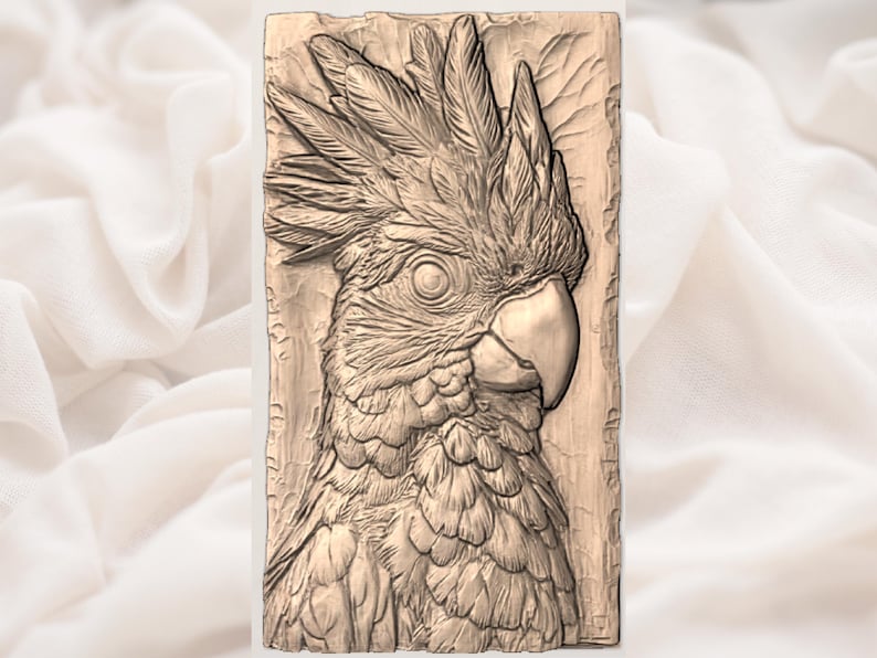 May include: A detailed, relief carving of a cockatoo's head and upper body. The bird is depicted in profile, with intricate feather details and a prominent beak. The carving is in a warm, natural wood tone, mounted on a rectangular plaque.