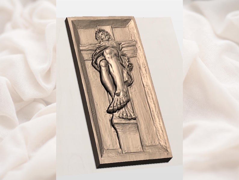 K&ouml;nnte beinhalten: Eine detaillierte, bronzefarbene Reliefskulptur, die eine Figur am Kreuz darstellt. Die Skulptur befindet sich in einem rechteckigen Rahmen und zeigt detaillierte Merkmale der Figur und des Kreuzes.