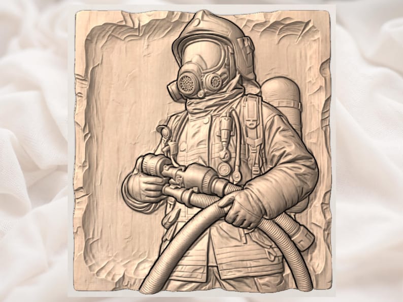 May include: A detailed wood carving shows a firefighter in full gear, including a helmet, gas mask, and oxygen tank. The firefighter holds a hose and nozzle, showcasing the intricate details of the uniform and equipment. The carving is set within a rectangular frame.
