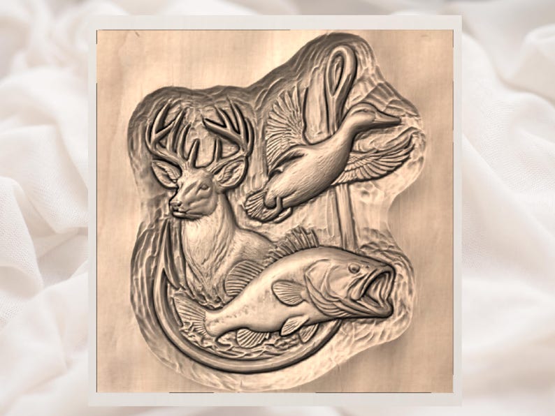 May include: A carved wooden relief featuring a deer, a duck in flight, and a fish with an open mouth. The relief is in shades of brown and tan, with detailed textures. The theme appears to be wildlife and nature.