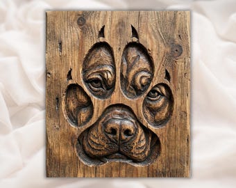 Dog Paw Print 3D Relief STL File | Puppy Face Paw Wood Grain CNC Carving | Pet Lover Wall Art | 3D Print & Laser Engraving STL