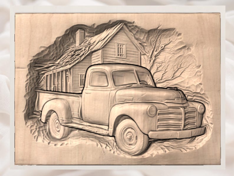 May include: A wooden carving of a vintage pickup truck in front of a rustic house. The truck is detailed with a classic design, and the house has a weathered appearance. The artwork is in shades of brown and beige.