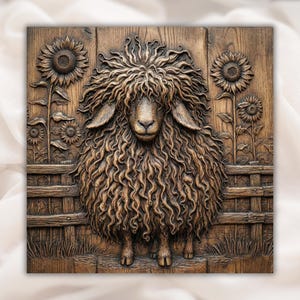 May include: A detailed wooden relief carving of a sheep with curly fur, sunflowers, and a fence. The artwork is in shades of brown and tan, creating a rustic and natural aesthetic. The sheep is the central focus.