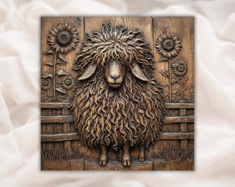 Curly Wool Sheep 3D Relief STL | Sunflower Farmhouse Animal Wood Grain Carving Panel | CNC Router File, 3D Print, Laser Engrave| Home Decor