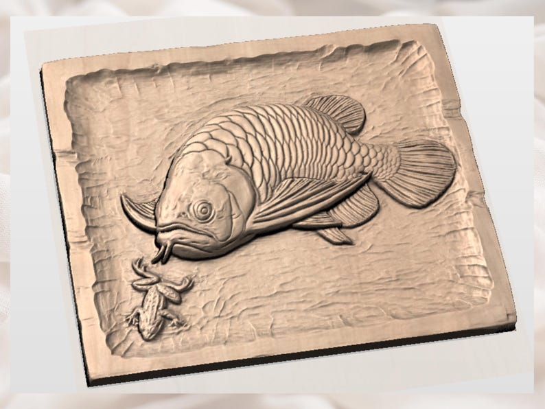 May include: A detailed, carved wooden relief depicting a large fish with detailed scales and fins, facing a small frog. The relief is set within a rectangular frame, showcasing the intricate wood carving and the contrast between the fish and frog.