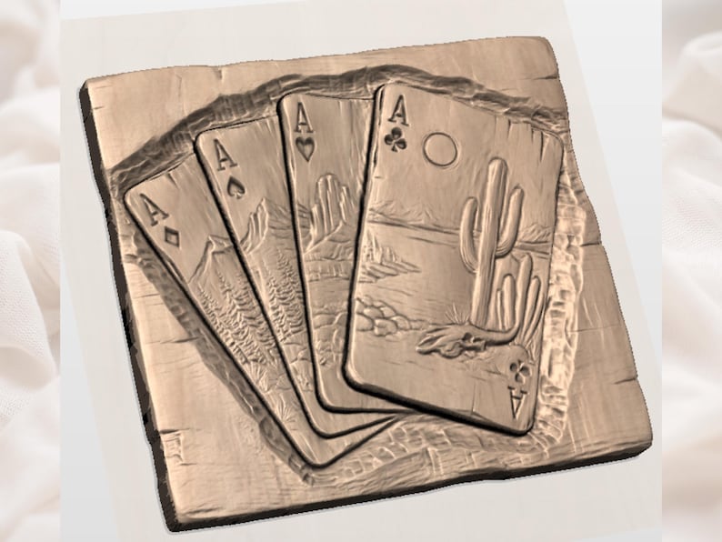 May include: A wooden relief carving of four playing cards, each depicting an Ace. The cards are arranged in a fan shape, with the suits of diamonds, spades, hearts, and clubs visible. The background features a desert landscape with cacti and mountains.