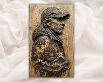Fisherman Portrait 3D Relief STL File | Boat and Ocean Wood Grain CNC Carving | Nautical Wall Art Panel | 3D Print and Laser Engraving