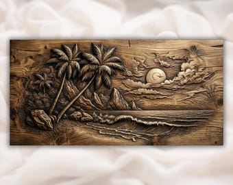 Tropical Beach 3D Relief STL | CNC Router Wood Carving File | Ocean Wave Palm Tree Island Wall Art Panel | Seascape Decor