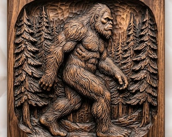 Lone Bigfoot Sasquatch Pine Forest Decorative Panel CNC Relief STL | Rustic Cabin Wall Decor | Pacific Northwest Nature Carving