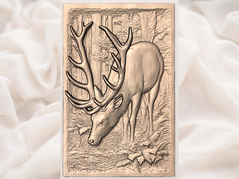 May include: A detailed wood carving of a deer in a forest setting. The deer is depicted with large antlers, bending down to graze on foliage. The background features trees and ferns, all rendered in a natural wood tone.