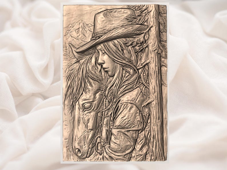 Cowgirl och häst 3D-relief STL-fil | CNC-snideri av västerländsk kvinna | Väggkonstpanel med ranchmotiv | Aspire, VCarve Pro, Carveco, Fusion 360, ArtCAM bild 3