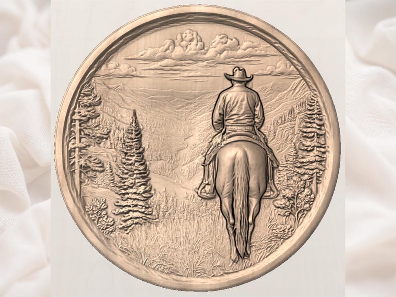 May include: A circular, relief carving depicts a cowboy on horseback, facing away, set against a mountainous landscape with trees and clouds. The carving is in a warm, natural wood tone, showcasing detailed textures.