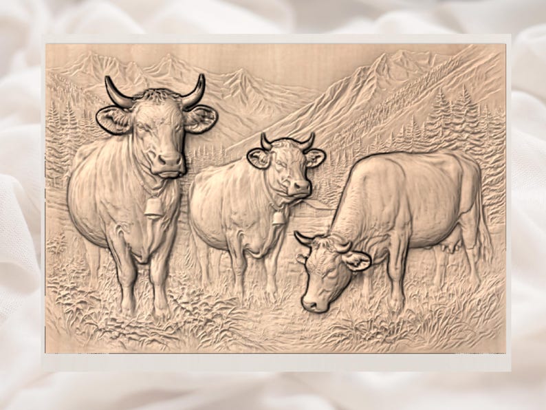 May include: A wooden relief carving of three cows in a mountain scene. The cows wear bells and stand in a grassy field. The background shows mountains and trees, all carved in wood.