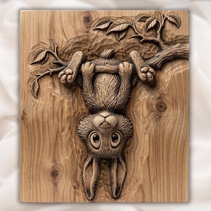 May include: A wooden wall art piece featuring a carved image of a rabbit hanging upside down from a tree branch. The rabbit has large eyes and detailed fur. The wood has a natural grain and texture.