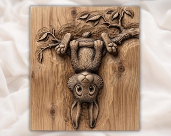 Hanging Bunny STL | Cute Rabbit Relief | Easter Wall Decor | Woodland Branch Artwork | Wood Carving Design | Whimsical Plaque File