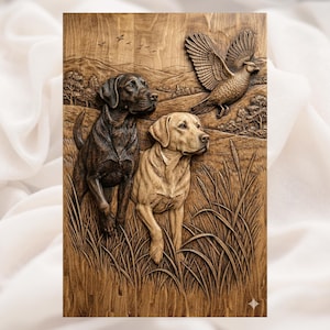 Hunting Dogs & Pheasant 3D Relief STL view 1
