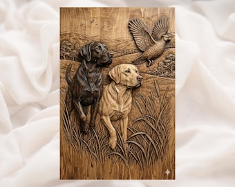 Jagdhunde & Fasan 3D Relief STL | Labrador Retriever Upland Szene Wandkunst | CNC-Fräser 3D-Druck Lasergravurdatei
