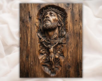 Jesus Crucifix 3D Relief STL | CNC Router Wood Carving File | Crown of Thorns Christ Portrait Wall Art Panel | Christian Decor