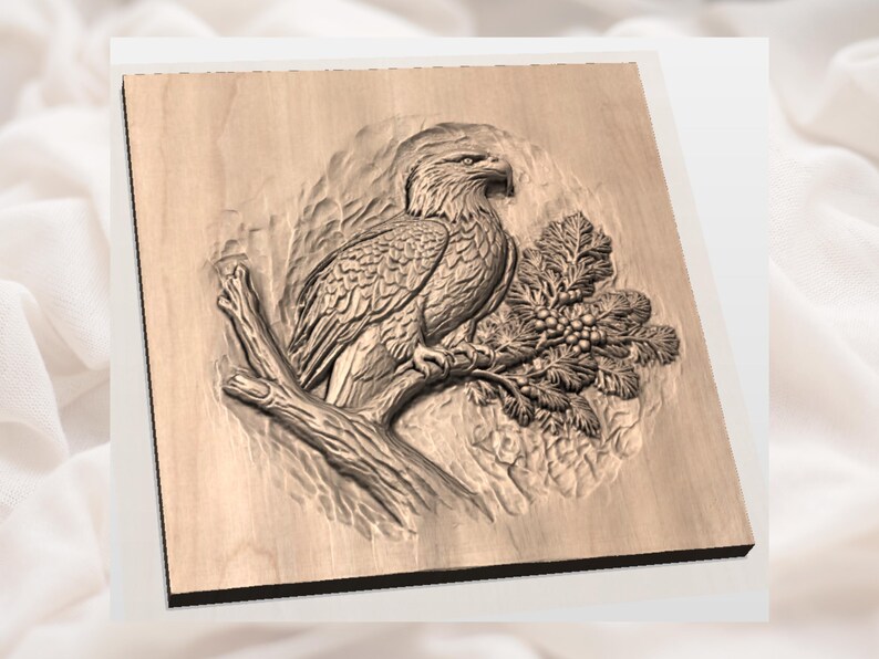 May include: A detailed wooden carving of an eagle perched on a branch with leaves and berries. The eagle is carved in high relief, showcasing its feathers and sharp features. The artwork is mounted on a square wooden panel.