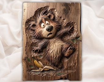 Archivo de oso lindo / Talla de bosque caprichosa / Arte de vivero de bosque / Placa de animal cómico / Diseño listo para fresar / Aspecto de veta de madera