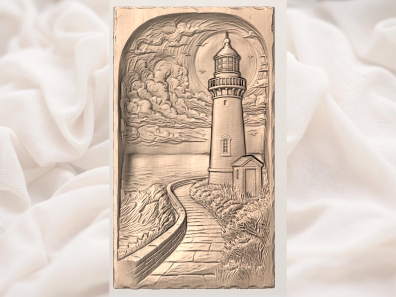 May include: A detailed relief carving of a lighthouse on a coastal path. The artwork features a tall, cylindrical lighthouse with a lantern room, set against a backdrop of clouds, sea, and sky. The path leads to the lighthouse, with a brick wall on one side.
