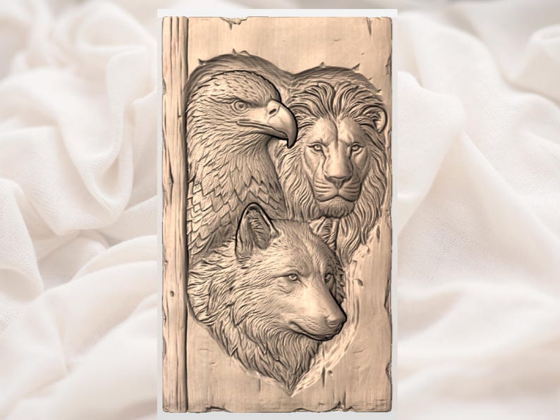 May include: A rectangular wooden carving featuring an eagle, a lion, and a wolf. The animals are intricately carved in a heart-shaped design. The carving is a light brown color and has a rustic, textured appearance.