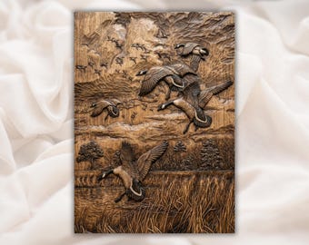 Gräsandflock 3D-relief STL | Träsnideri av flygande ankor | Väggpanel med träskdjur | Aspire, VCarve Pro, Carveco, Fusion 360, ArtCAM