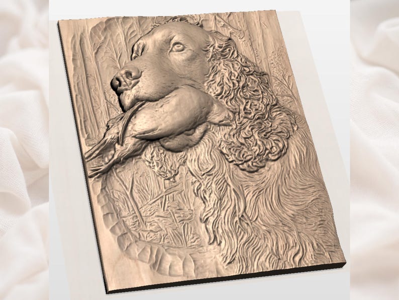 Perro de caza con pato (relieve 3D STL) / Archivo de tallado de madera para enrutador CNC de perro de caza / Panel de bajorrelieve con impresión 3D / Arte de pared STL de retriever spaniel imagen 3