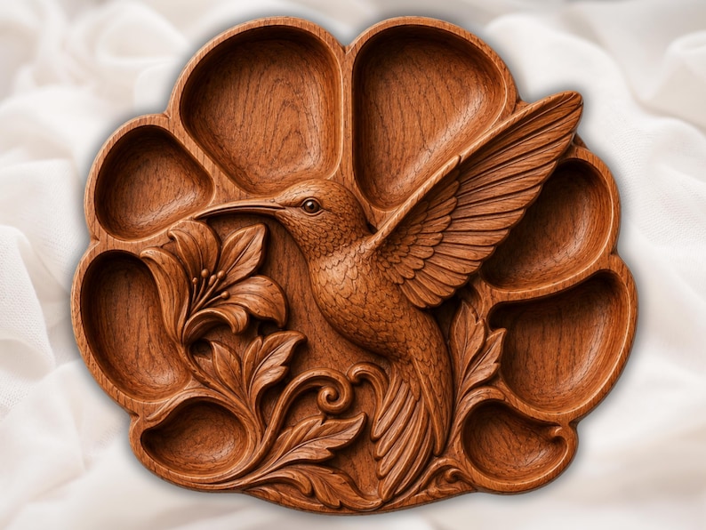 Serviertablett mit Kolibri-Motiv (STL-Datei für CNC-Fräse) | 3D-Reliefmodell aus Holz | Schnitzdesign für Serviertablett aus Holz | Küchendekoration Bild 11