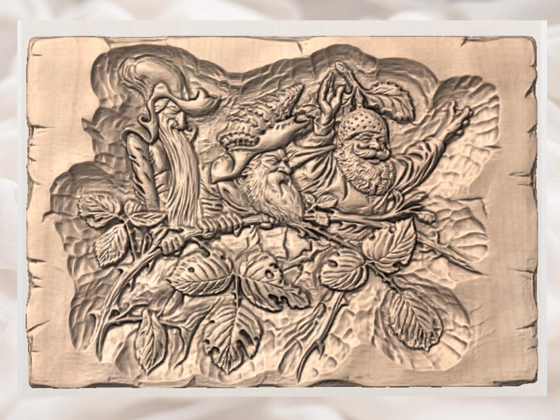 May include: A detailed wood carving depicting a scene with three figures, a bird, and foliage. The figures include a wizard with a long beard and a man with a hat and beard. The carving is in shades of brown and has a rustic, textured appearance.