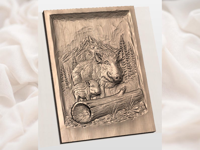 May include: A wooden relief carving depicting a wild boar with a baby boar in a forest setting. The artwork features a detailed carving of the animals, trees, mountains, and a log. The color is a natural wood tone.