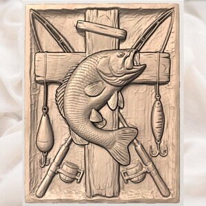 Bass Fishing Crossed Rods 3D Relief STL view 2