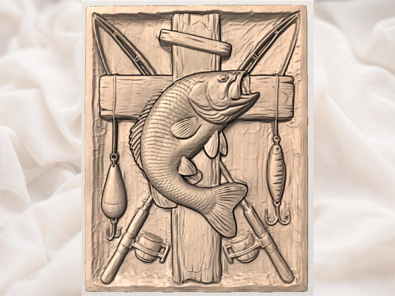 Bass Fishing Crossed Rods 3D Relief STL| Fish & Tackle Wood Carving Panel | Man Cave Wall Art |Vintage Fishing Rod Reel Lure Plaque image 2